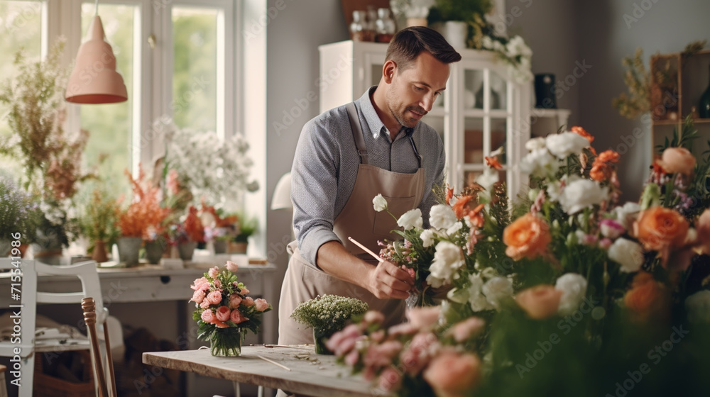 Portrait of a happy shopkeeper is smiling while making bouquet of flowers at his florist Portrait of a happy shopkeeper is smiling while making bouquet of flowers at his florist