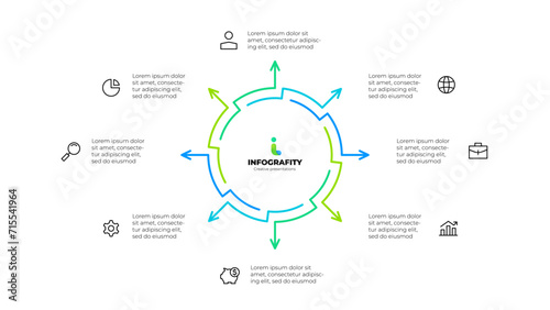 Outline abstract diagram divided into 8 elements. Design concept of eight steps or parts of business cycle. Infographic design template