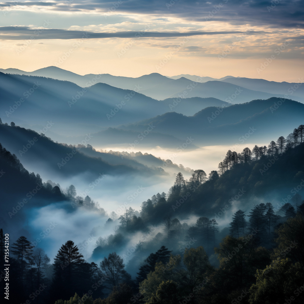 Aerial view of mountains under mist morning