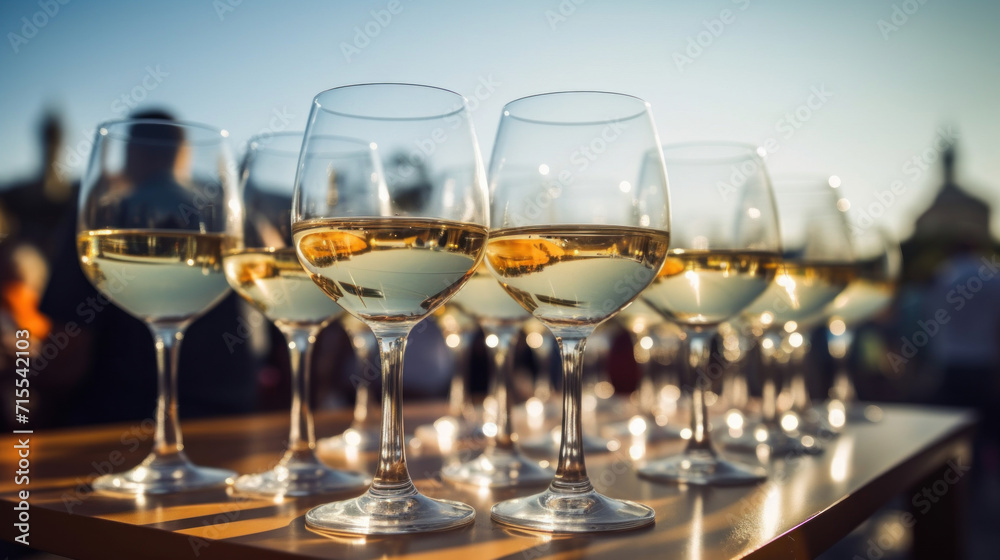 Glasses of white wine lined up on a table at an outdoor wine tasting event during a beautiful sunset.