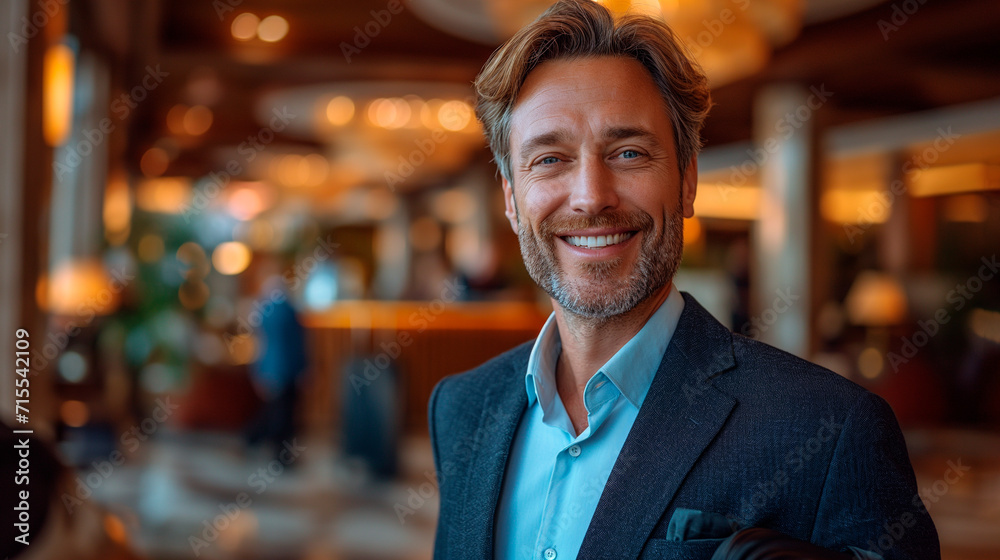Successful caucasian smiling man shop assistant receptionist in formal attire looking at camera while standing near a reception desk in hotel. Business trip doing check-in at the hotel Successful caucasian smiling man shop assistant receptionist in formal attire looking at camera while standing near a reception desk in hotel. Business trip doing check-in at the hotel