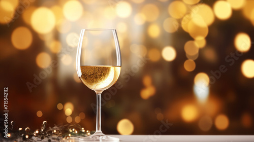 An elegant white wine glass filled with golden liquid on a shimmering bokeh background, exuding luxury.