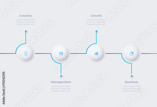 Neumorphism concept of development process with 4 options. Infographic timeline