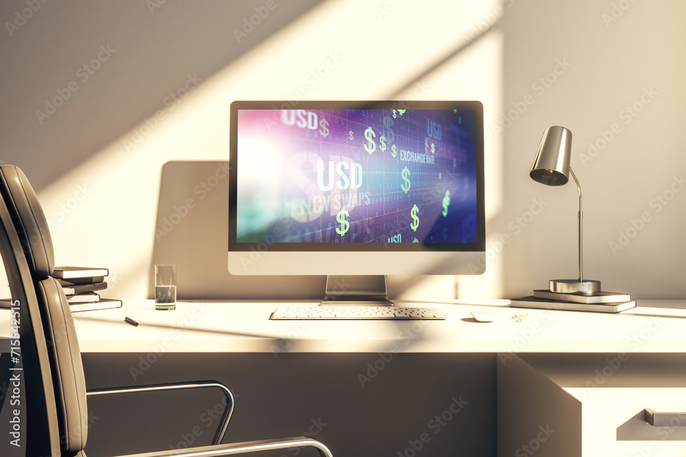 Creative concept of USD symbols illustration on modern laptop screen. Trading and currency concept. 3D Rendering
