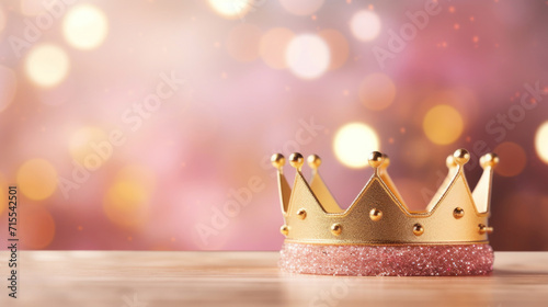 A majestic golden king's crown resting on a glittery pink surface, reflecting elegance and royal status with soft bokeh lights.