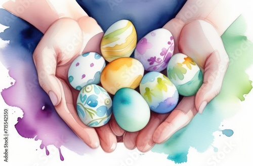 Close-up of a girl's hands holding many Easter eggs, top view