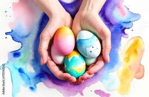 Women's hands hold multi-colored chicken eggs. Concept background, Easter