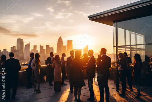 Elegant Evening Networking Event on Rooftop Terrace with City Skyline at Sunset, Corporate Social Gathering Concept
