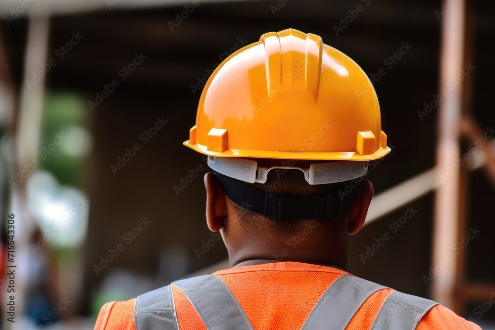 Back view of black man in vest and helmet at construction site