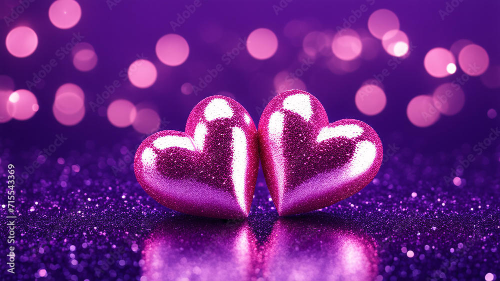 Fototapeta premium Two pink heart on glitter background, valentines day banner