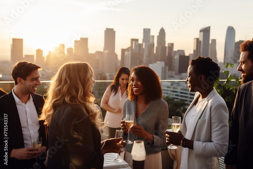 Diverse Group of Young Professionals Enjoying a Casual Rooftop Party at Sunset, Urban Socializing Concept