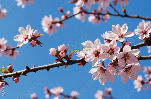 Spring banner with branches of blossoming cherry background with blue sky, landscape panorama, copy space.