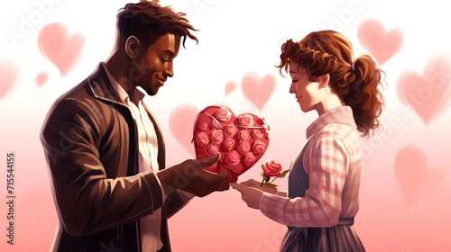 An African-American boy in love gives a European girl flowers and a box of heart-shaped sweets for Valentine's Day photo