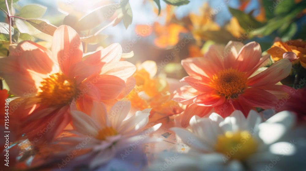 Warm sunlight filters through colorful flowers in a soft focus, creating a bright and dreamy scene.