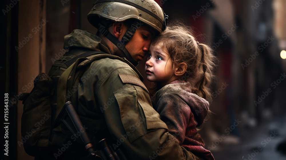 Soldier and children on battlefield background. Military and rescue operation concept.