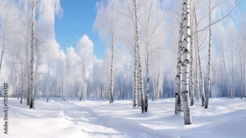 Serene winter landscape of a birch forest with trees covered in snow and a clear blue sky. © tashechka