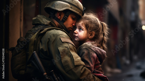 Soldier and children on battlefield background. Military and rescue operation concept.