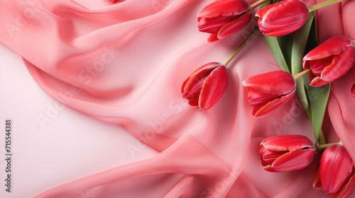 Elegant red tulips arranged on a flowing pink silk background, conveying luxury and romance.