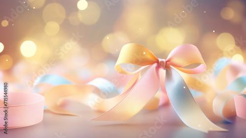 Luxurious satin ribbons in a bow with a golden bokeh effect in the background, symbolizing celebration.