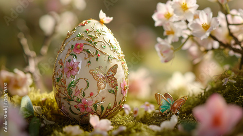 A Fabergé egg, a portal to an enchanted garden, showcases a tapestry of nature's wonders on its exterior. Delicate blossoms, vibrant butterflies, and golden vines intertwine, art. photo