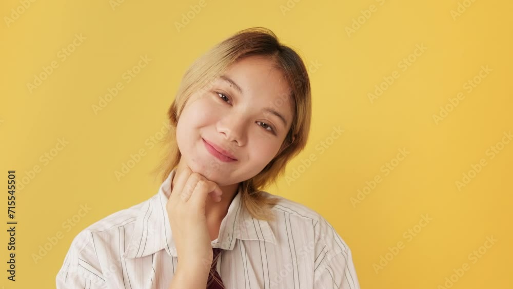 Young woman looking at camera with smile isolated on yellow background in studio Young woman looking at camera with smile isolated on yellow background in studio