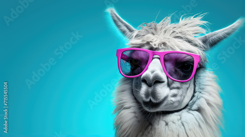 fashionable llama with trend-setting eyewear. unique and whimsical image for creative branding and marketing materials © StraSyP BG