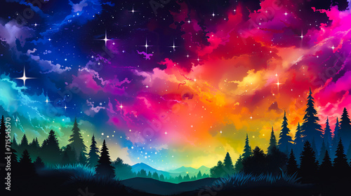幻想的な虹色の星空の風景