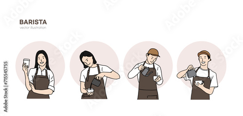 A barista illustration of making espresso and americano hand drip. A barista with a man and a woman holding a coffee cup by hand. Hand drawn vector illustration