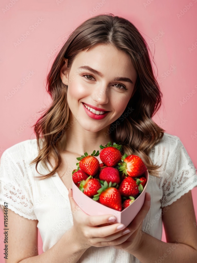 attractive happy girl in white dress with red strawberries attractive happy girl in white dress with red strawberries