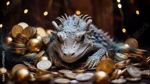 A green iguana in the form of a symbol of the year of the dragon sits on a scattering of gold coins and Christmas tree balls as a greeting card or poster