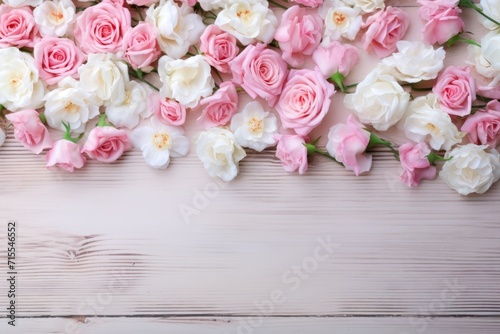 Background with white and pink roses on painted wooden planks. Copy space for text © Оксана Олейник