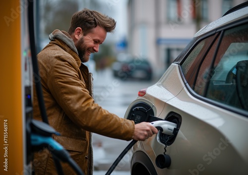 Smiling young man charges his electric car, eco sustainable, at an electric charging service station