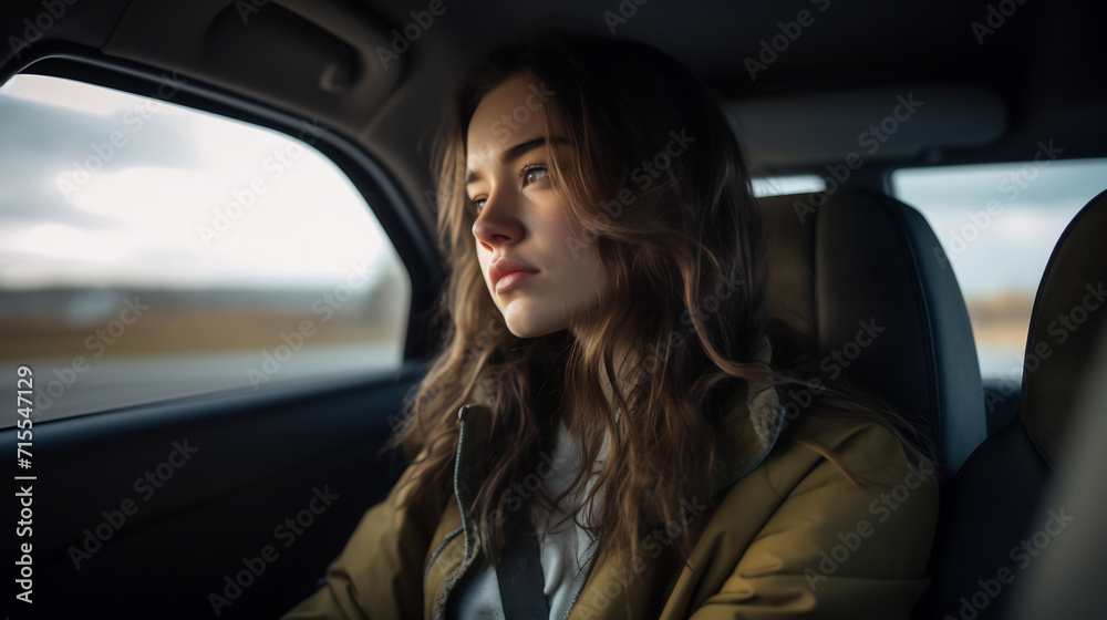 Pensive Young Woman Looking Through Car Window on a Journey. Contemplative Travel Concept