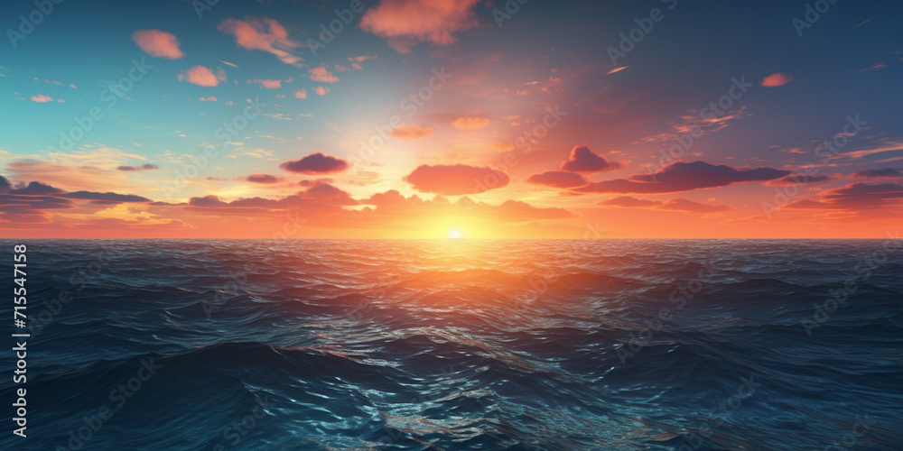 Calm sea with sunset sky and sun through the clouds over meditation ocean and sky background. Tranquil seascape. Horizon over the water, peaceful relaxation nature.