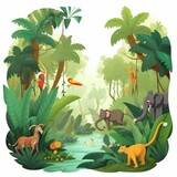 Beautiful cartoon jungle clipart scenery with animal white background