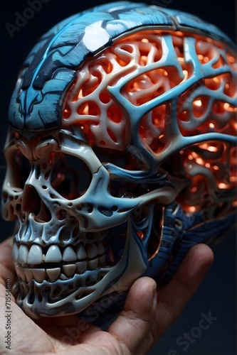 Close-up of a doctor holding an image of a human skull. Generative AI