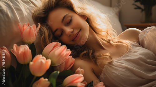 Beautiful young woman with tulips flowers