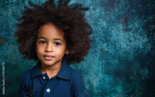 Little Boy With Big Afro Standing in Front of Green Background