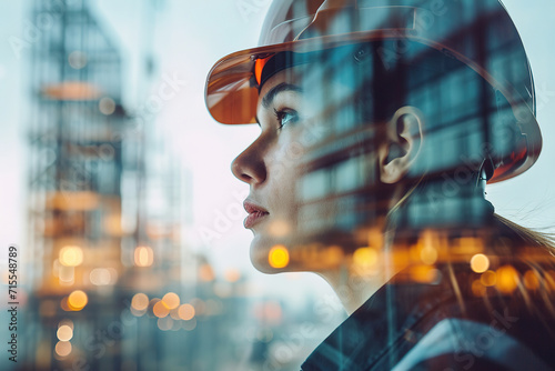 wallpaper of a Close up, female Construction engineering concept, represented by a double exposure of building engineers, architects, or construction workers at work photo