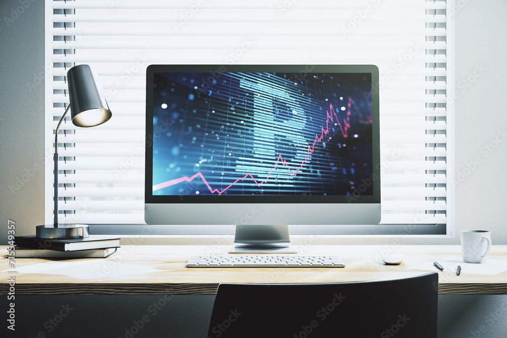 Creative Bitcoin concept on modern laptop screen. 3D Rendering Creative Bitcoin concept on modern laptop screen. 3D Rendering
