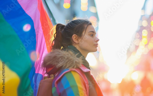 Woman Holding Rainbow Flag in Street, Symbol of Pride and Equality