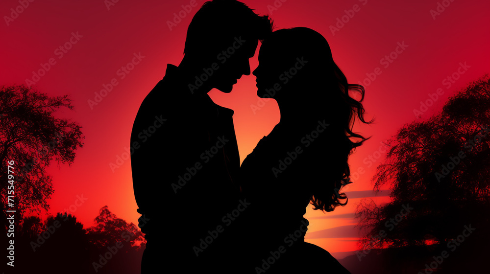 Couple kissing at sunset.