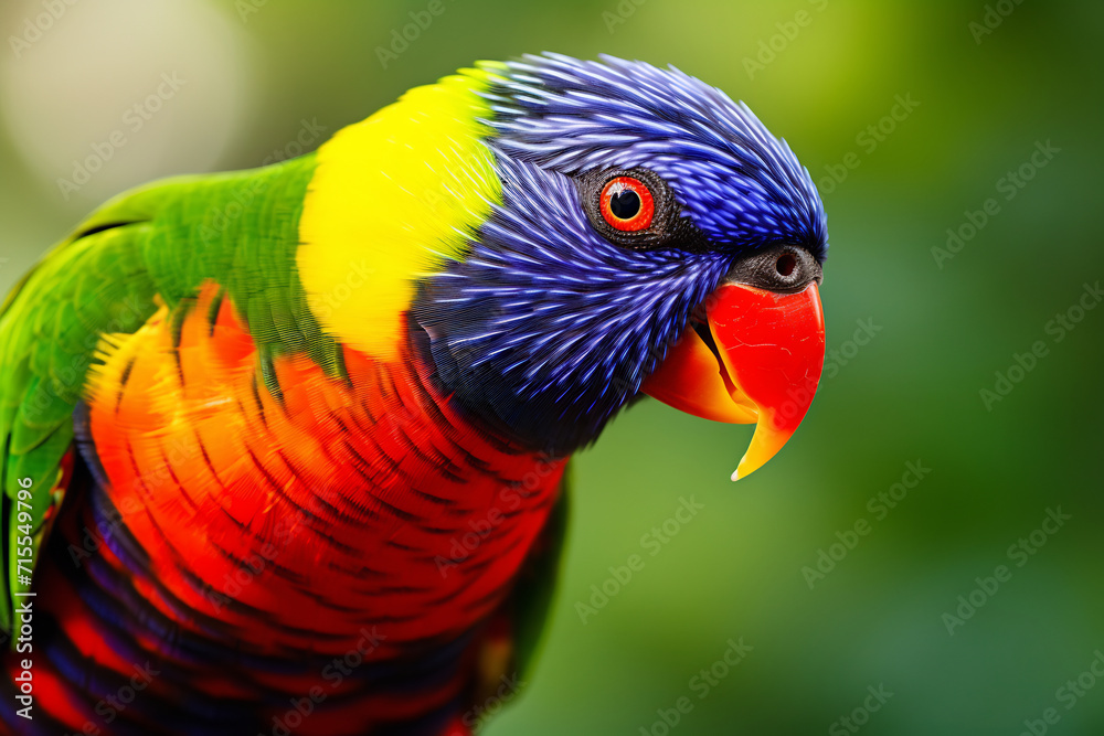 Vivid Rainbow Lorikeet with Lustrous Feathers, Close-Up Exotic Bird in Natural Habitat Concept