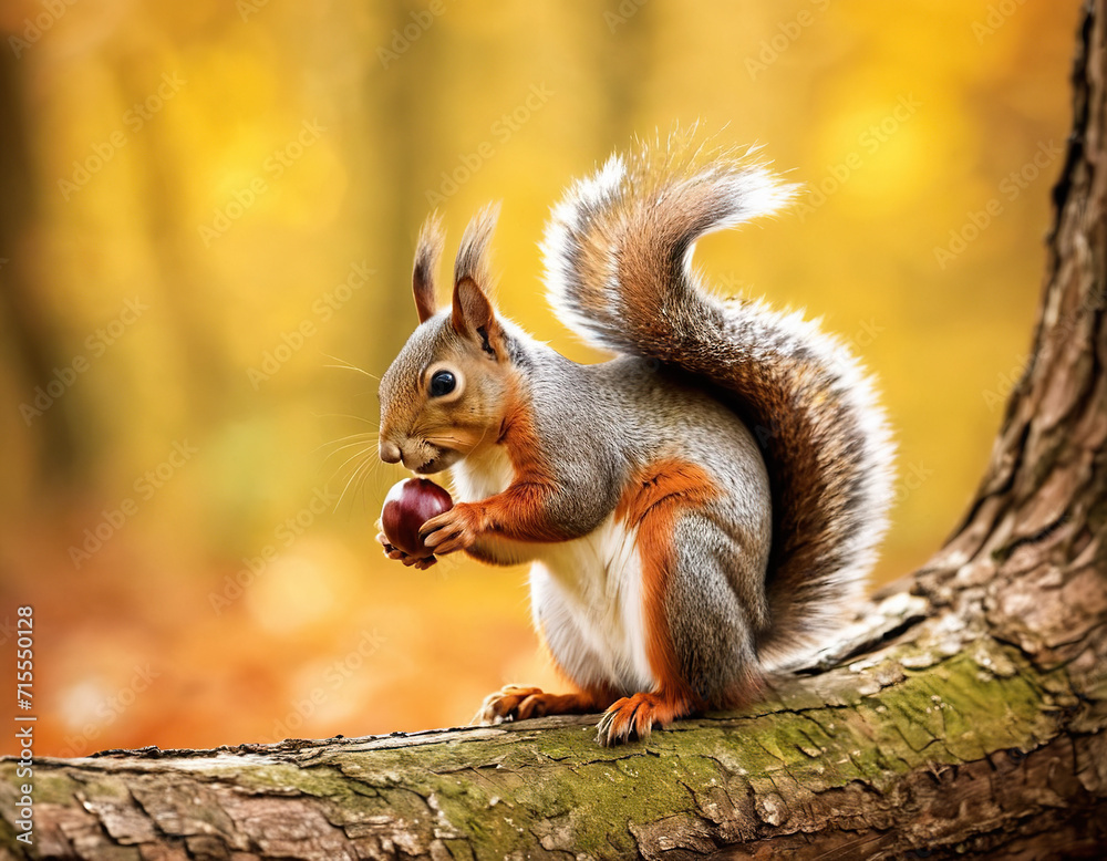 Obraz premium A squirrel holding a nut. Animals in the autumn forest. Wildlife background