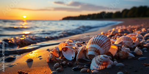Tropical sunset waters sandy beach nature beauty Sunset over the tranquil coastline, waves reflecting the beauty of nature Beautiful seashells scattered beach waves wallpaper Beautiful cute seashells.