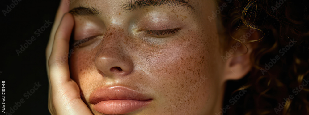 Fototapeta premium Clean and Fresh: A Close-up Portrait of a Young Woman with Freckles, showcasing Natural Beauty and Healthy Skin in a Studio Shot