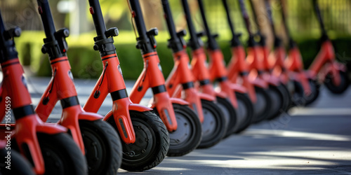 A Fleet Of Sleek, Red Electric Scooters Lined Up For Convenient Rentals. Сoncept Urban Bicycles With Basket, Serene Beach Landscape, Vibrant Street Art, Cozy Coffee Shop Ambiance photo