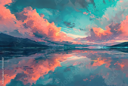 An abstract landscape that conveys the concept of a sunrise over a mountain lake with pink and orange clouds reflecting in the still, turquoise water © Praphan