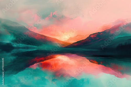 An abstract landscape that conveys the concept of a sunrise over a mountain lake with pink and orange clouds reflecting in the still, turquoise water photo