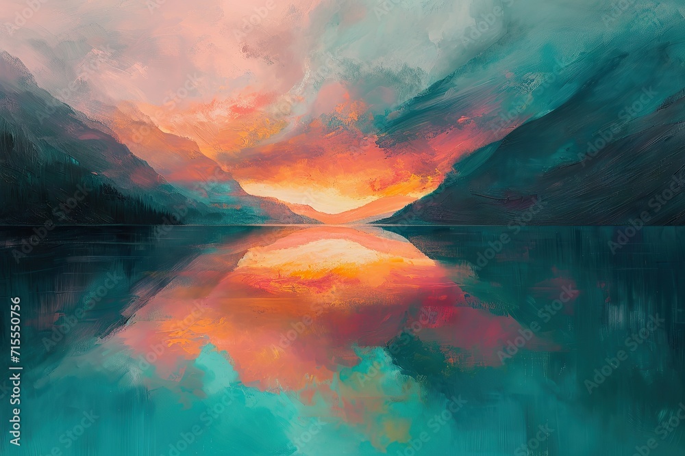 An abstract landscape that conveys the concept of a sunrise over a mountain lake with pink and orange clouds reflecting in the still, turquoise water